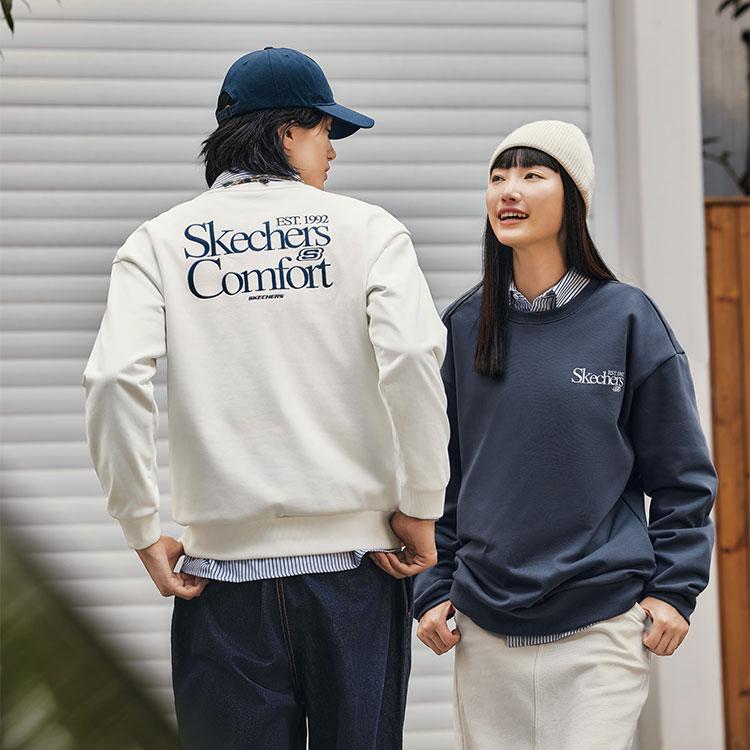 Skechers Simple College Style Knitted Embroidered Pullover Sweatshirt Comfortable Relaxed Unisex sweatshirt Cotton-Candy-White L324U107-0074