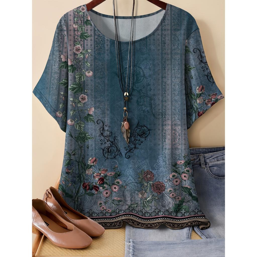 Summer Round Neck 3D Flower Pattern Print Top Fashionable Casual Short Sleeved Women's T-shirts