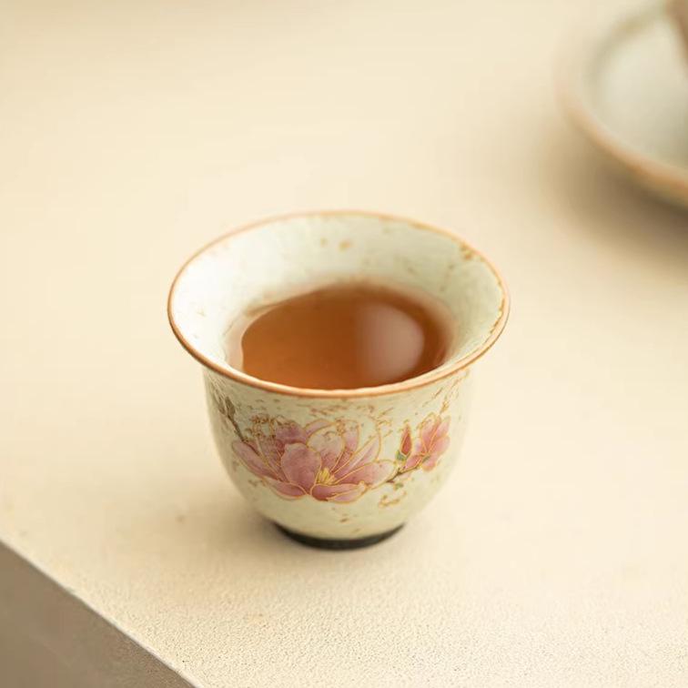 Chinese Style Blue & White Tea Cup with Red Magnolia Bird Design - Small, Anti-Scald Ceramic for Home Use
