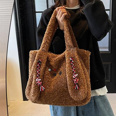 Sac fourre-tout en fourrure tendance pour le début du printemps, joli sac fourre-tout en peluche avec oreilles de lapin, sac à bandoulière marron