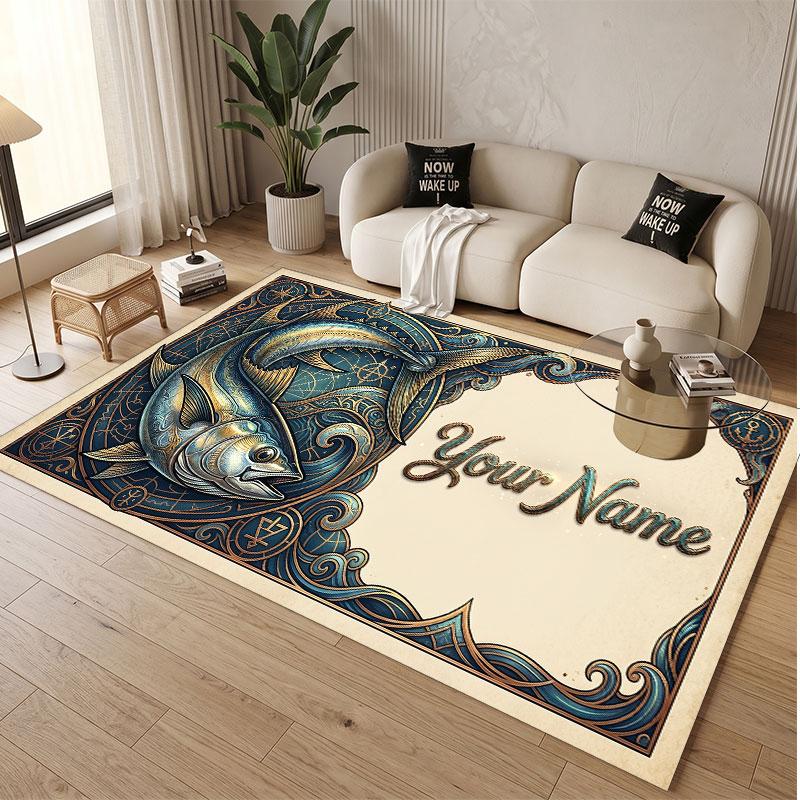 Fish Ocean Theme Soft Crystal Velvet Rug Custom Name & Text Print Non Slip Floor Rug for Bedroom Living Room
