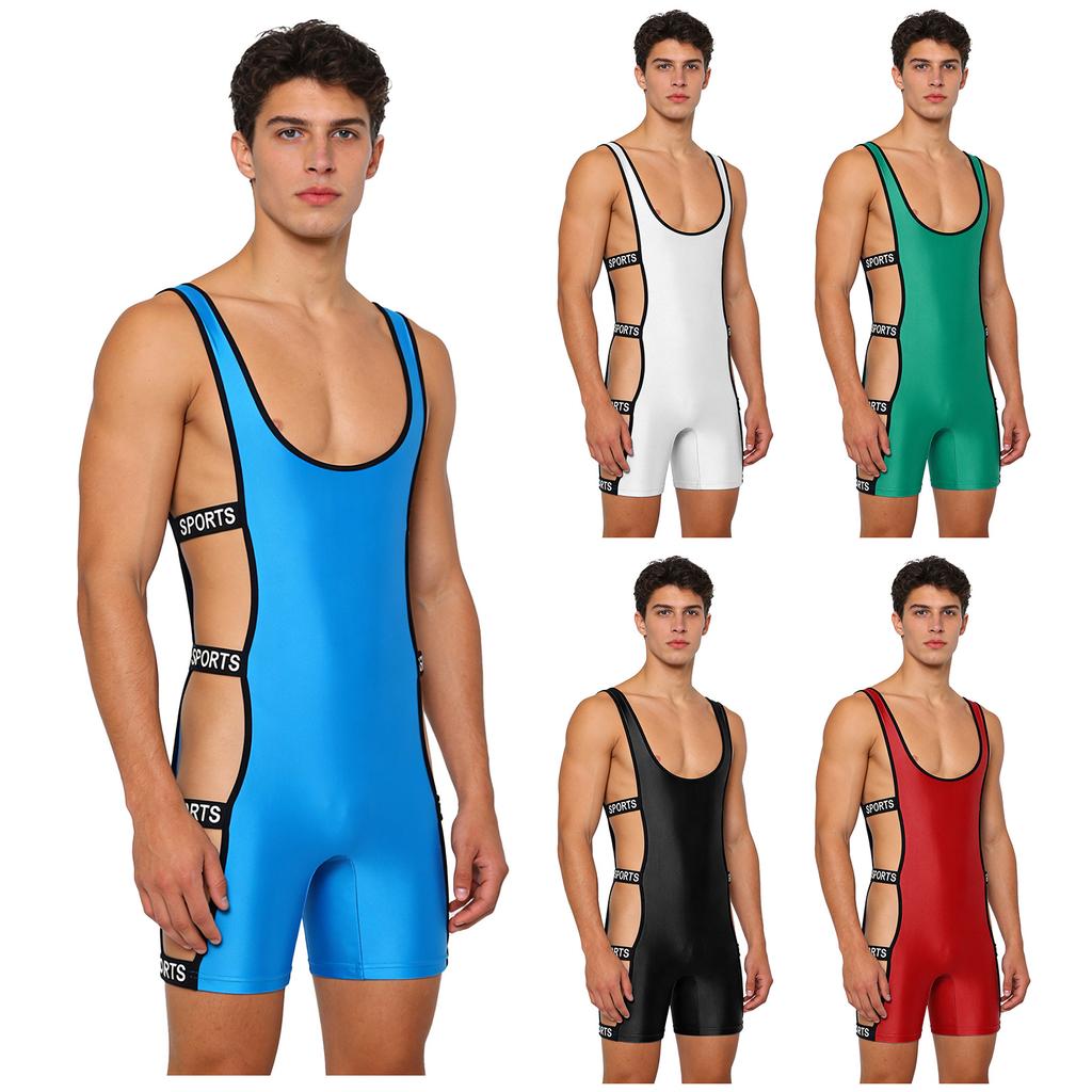 S-3XL Heren Glanzende Trainings Bodysuit Lage Halslijn Bandjes Zijkant Uitsnijdingen met Elastische Bandjes Boxer Short Onderkant Eendelig Badpak voor Bodybuilding