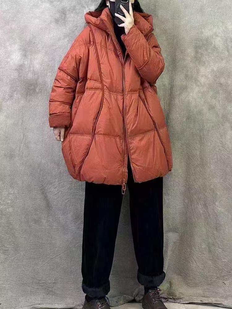 Autumn and winter new European goods large size thickened hooded solid color white duck down jacket women's medium and long coat tide