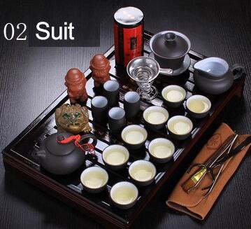 Chinese kung fu tea set porcelain tray purple grit ceramic teapot for the tea cups with saucers solid wood the tea pot 26pcs