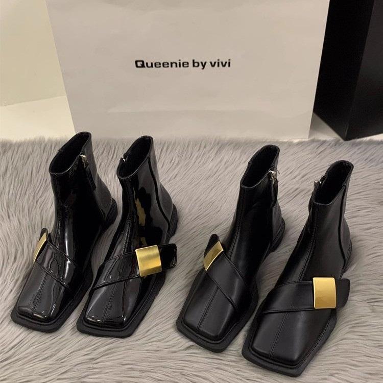 Flat bunn firkantet tå svart Martin støvler damesko nye vår og høst vinter retro små korte støvler