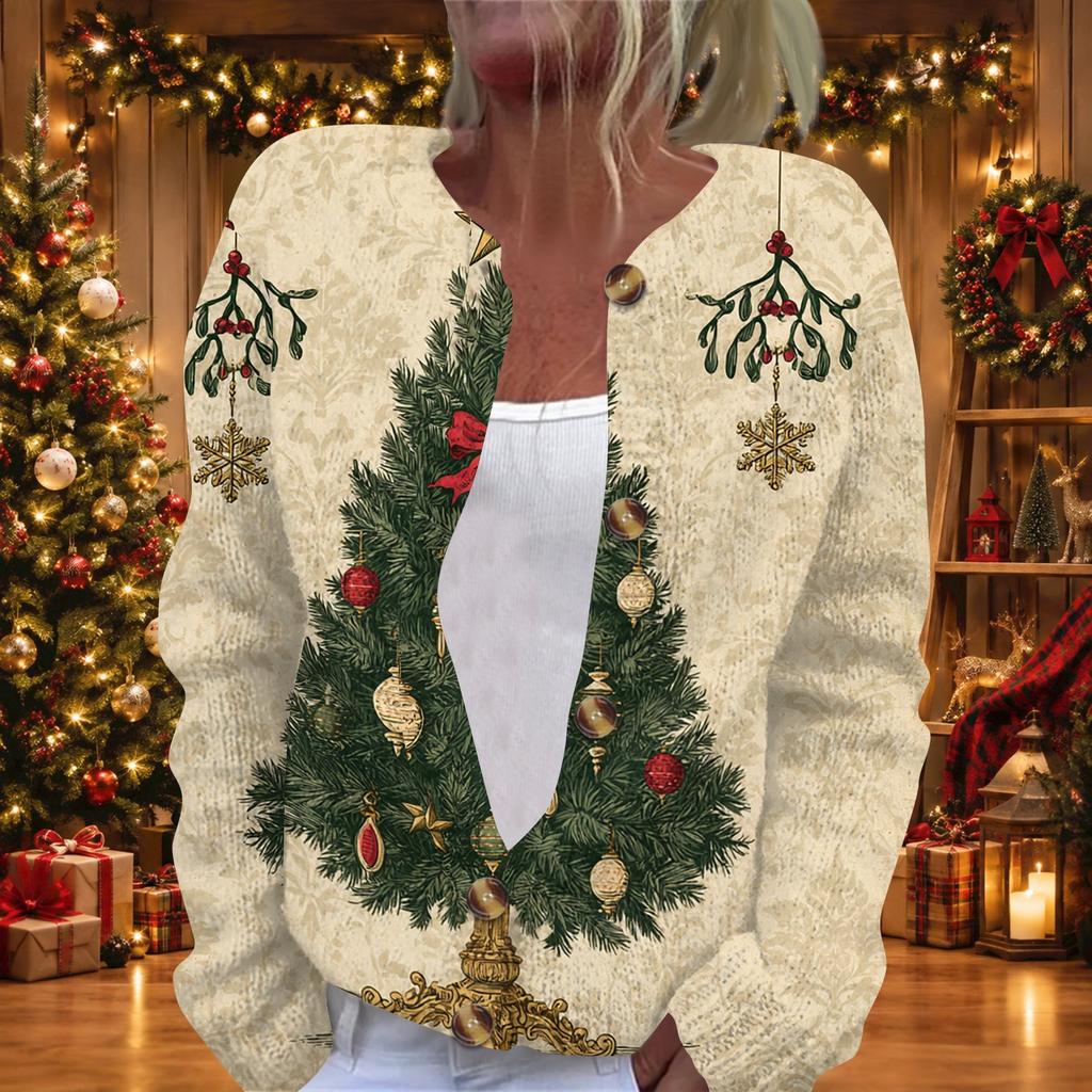 Stylish Women's Christmas Print Long Sleeve Knit Cardigan Button Front Casual Sweater