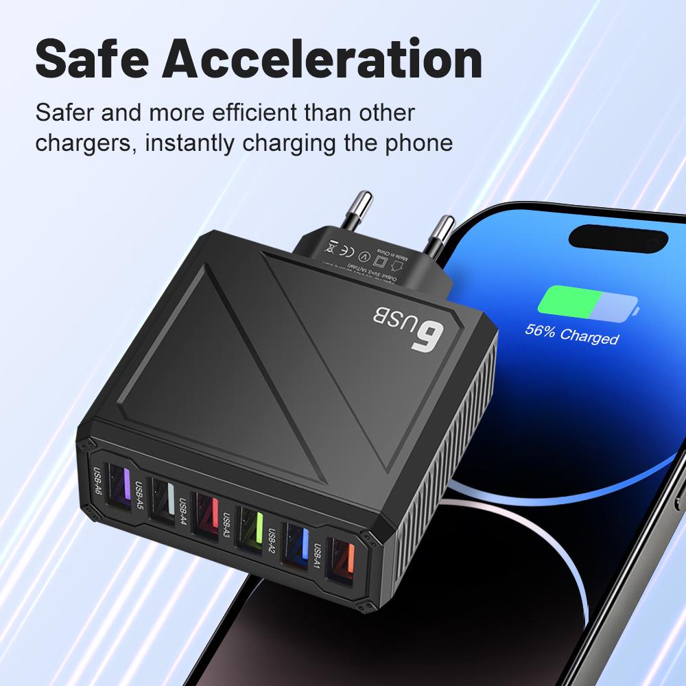 Universal 6-Port USB Charger with European, American, British, and Korean Plugs