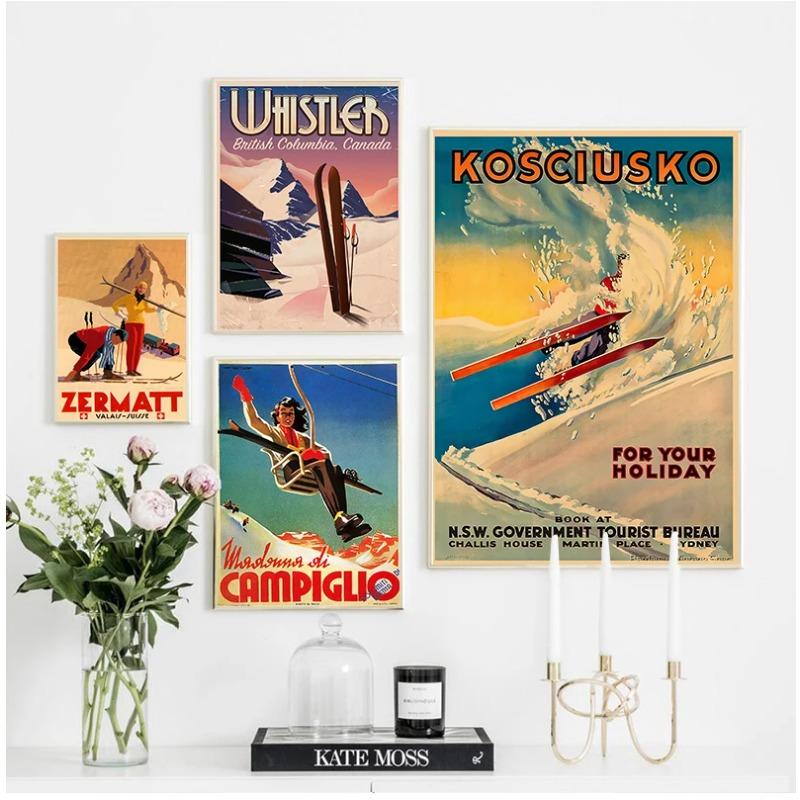 Retro Ski in America Canvas Painting Skiing Vintage Wall Kraft Posters Coated Wall Stickers Home Decoration Pictures Gift