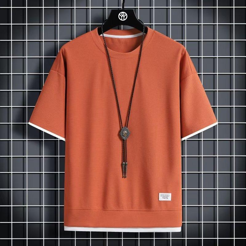 Little Clothing Waffle Round Neck Short Sleeve Men's Summer New Fake Two-piece Loose Ice Silk Thin Five-point Sleeve
