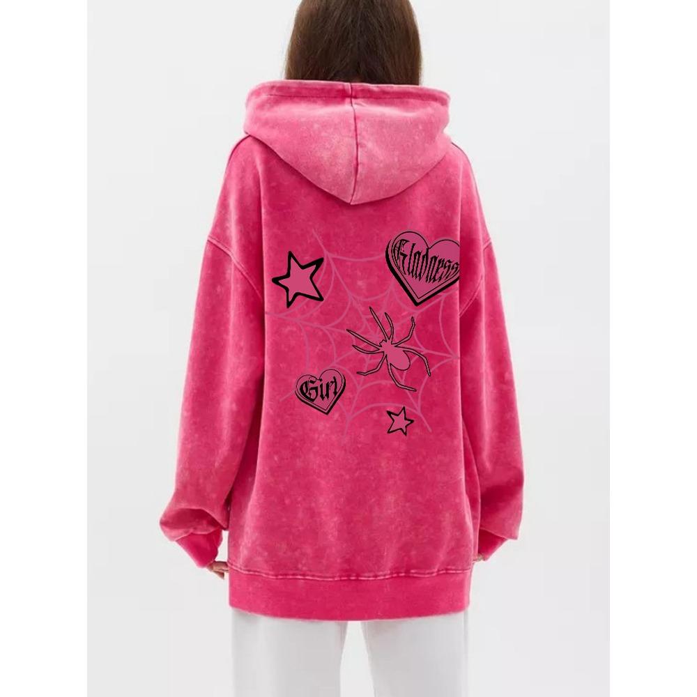 Vintage Womans Acid Wash Hoodies Spider Star Prints Streetwears Pocket Oversize Cotton Pullovers Autumn Winter Streetwear
