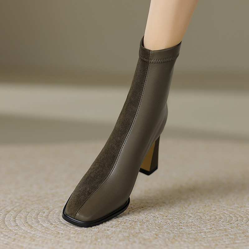 Krazing Pot Microfiber Flock Winter Square Toe Thick High Heels Slip on Stretch Boots Stovepipe Women Ankle Boots