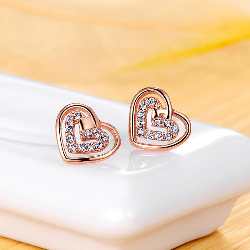 Wish rose gold and white diamond double-layer love stud earrings Korean simple heart-shaped personalized high-end ear jewelry