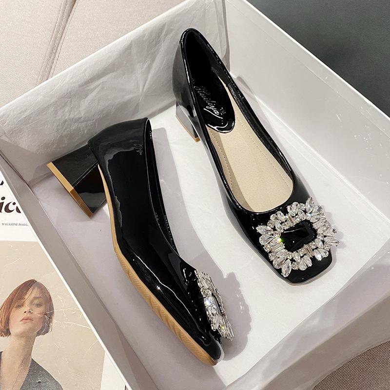 Square Buckle Rhinestone Thick Heel Single Shoes Women's New Patent Leather Square Head Shallow Mouth Shoes Medium Heel Commuter Shoes