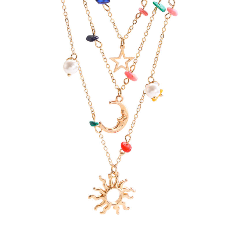 Boho Sun Star Moon Colorful Stones Necklaces for Women Men Multi Layer Stacking Pendant Necklaces Holiday Jewelry Accessories