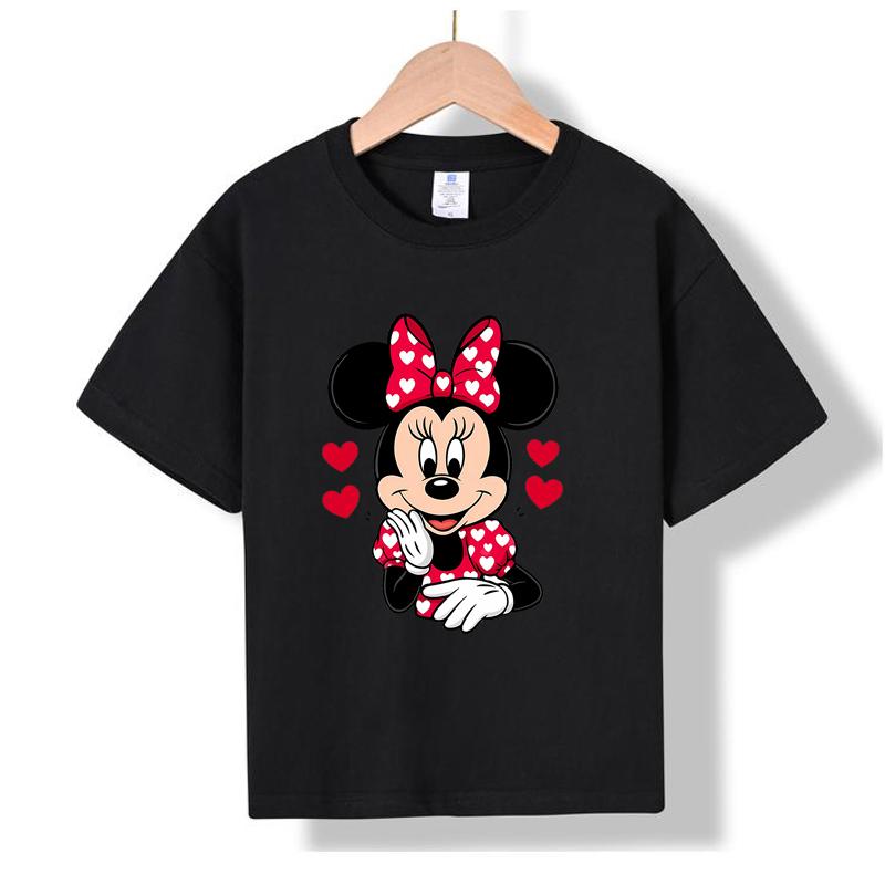 MC-96 MINISO 2026 Summer Cute Minnie Mouse Kids 100% Cotton T-Shirt Girls Heart Print Short Sleeve Casual Top 100
