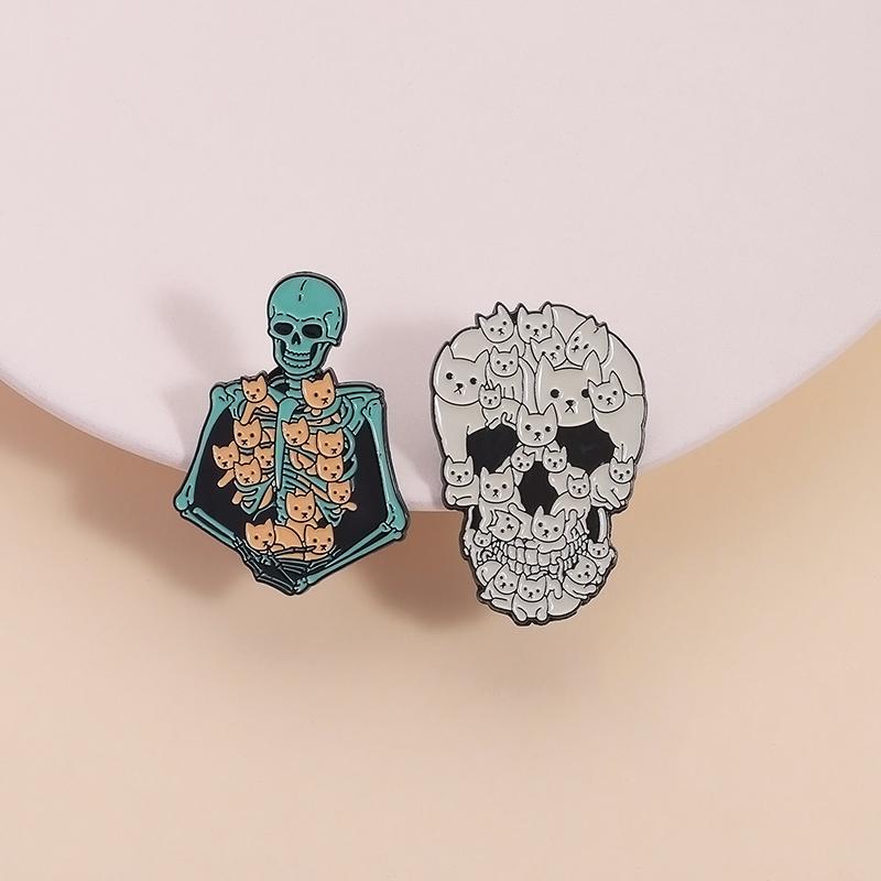 White Ghost With Cat Enamel Pins Spooky Pumpkin Skull Boo Kitten Halloween Brooches Lapel Badge Jewelry Gifts for Friends
