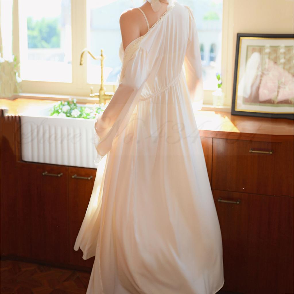 Spring Summer Kimono Bathrobe Gown Female Long 2PCS Robe Set Sleepwear Sexy Lace Nightgown Intimate Lingerie Satin Home Dress