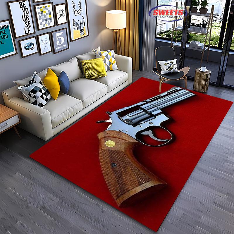 Pistolen-Themenbereichsteppich, Sturmgewehr Pistole Revolver Pistole Teppich für Wohnzimmer Schlafzimmer Sofa Fußmatte Dekor Rutschfeste Bodenmatte Geschenke