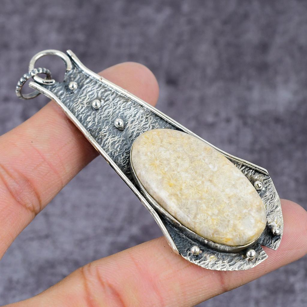 Natural Fossil Coral Gemstone Handmade 925 Sterling Silver Pendant 2.95" N9c36