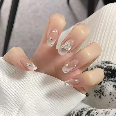 24Pcs Light Luxury French Romance False Nails Heart Diamond-Embedded Whitening False Nail for Women Girls Beauty Tools Glue Style