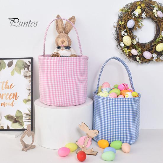 Gingham Easter Bucket for Kids Nursery Storage Bag New Baby Gift Basket with Handle for Easter Egg Hunts Parties