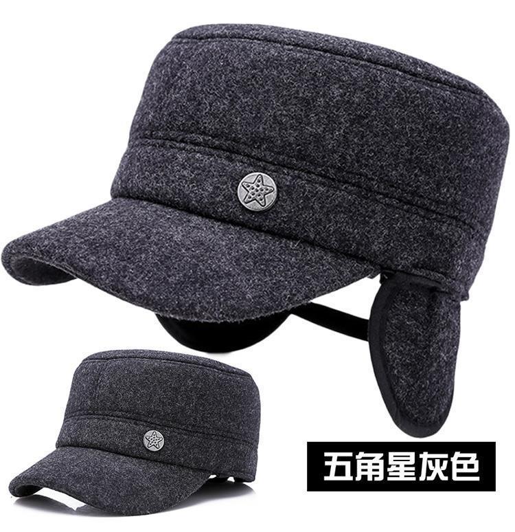Middle-aged and Elderly Hats Men's Autumn and Winter Woolen Warm Flat-top Hats Five-star Thickened Dad Hats Grandpa Hats Peaked Hats