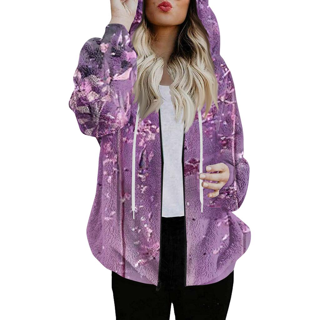 Women's Fashionable Casual Zippered Hooded Floral Printed Drawstring Furry Sweatshirt Jacket