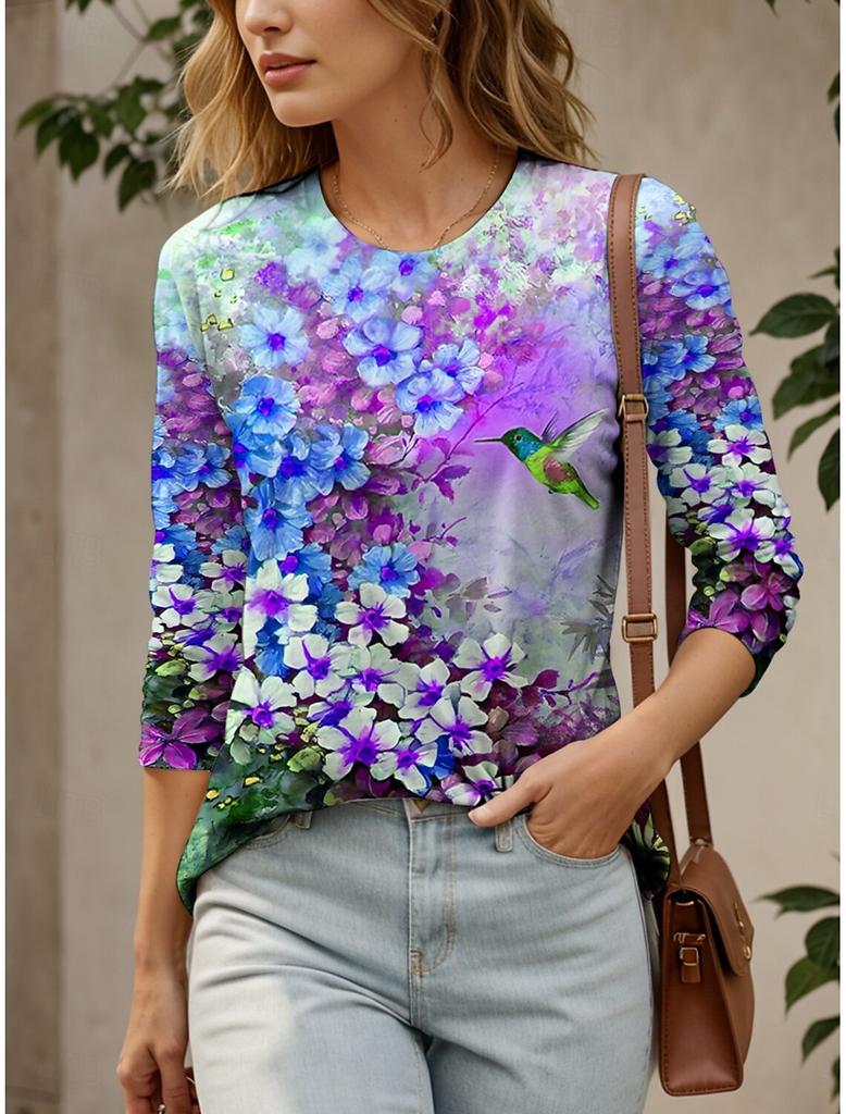 Women's T-Shirts Floral Graphic Bird Tees Fashion Stylish Long Sleeve Crew Neck Regular Tops 3D Printed Summer Casual Pullover