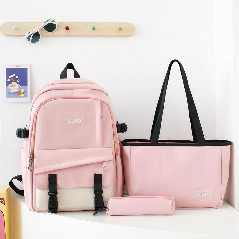 Three-Piece Backpack Set College Style Women Colored Block Large Capacity Backpack Student Schoolbag with Lunch Bag Pen Bag