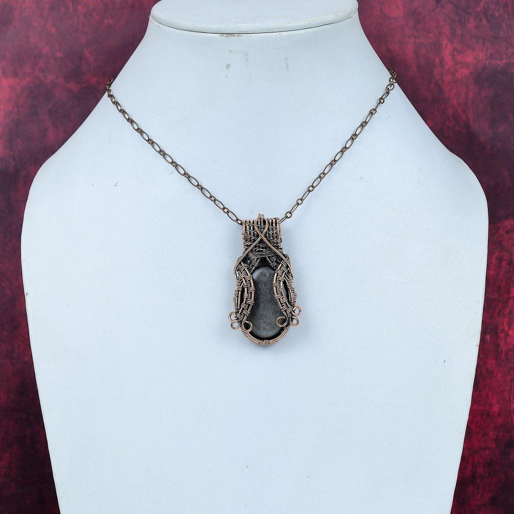 Silver Sheen Obsidian Pendant Copper Wire Wrapped Pendant Gemstone Copper Jewelry Handmade Boho Pendant Wire Weaving Pendant Engagement Gift