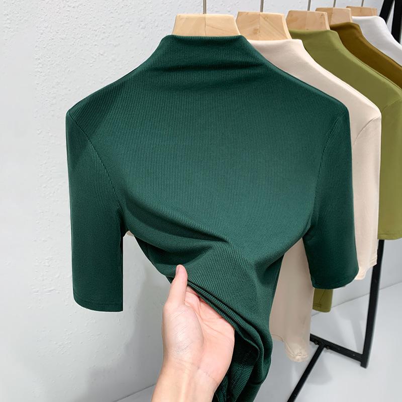 

Рубашка с короткими рукавами, женская, женская, Temperament, однотонная футболка с полувысоким воротником, топ с рукавами-пятью XS темно-зеленого