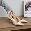 Baotou Thin Heel Sandals Women's 2025 New Pointed French Temperament Satin Apricot One-word Buckle with Versatile Sandals Women