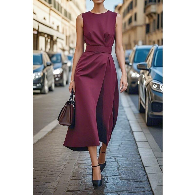 Sleeveless Round Neck Dress, High Waist Belted Wrap Split Long Sundress,Elegant Slim Fit Business Casual Party Dress Available in Multiple Colors
