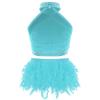 Girls Dance Performance Outfit Halter Neck Sleeveless Backless Vest with Sparkly Rhinestones Feather Briefs