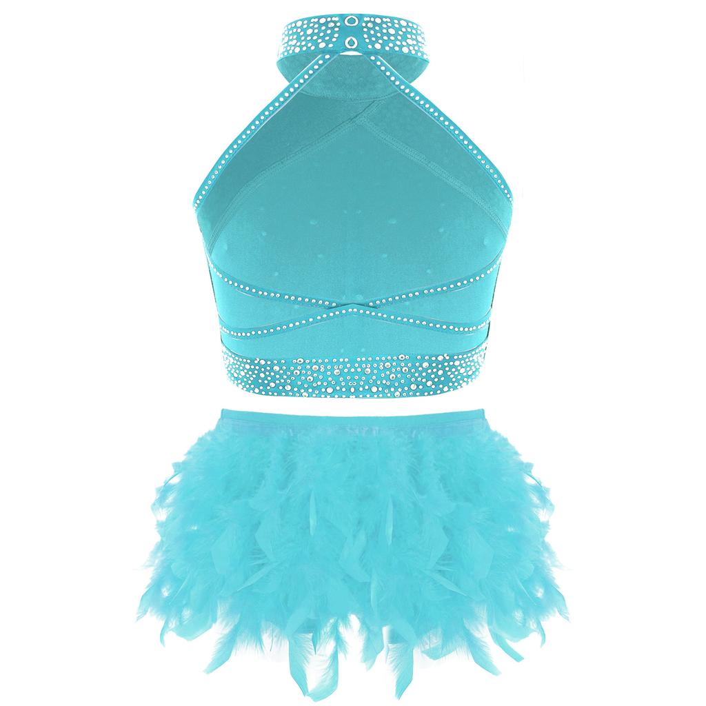 Girls Dance Performance Outfit Halter Neck Sleeveless Backless Vest with Sparkly Rhinestones Feather Briefs
