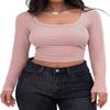Womens Square Neck Ribbed Knit Long Sleeve Crop Top Casual Solid Color Fitted Blouse
