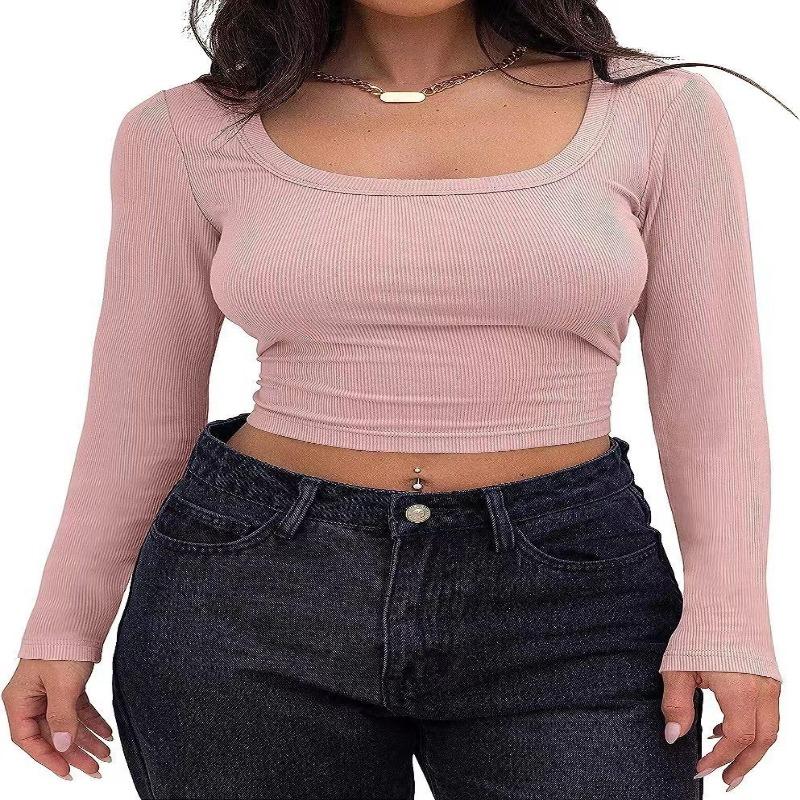 Womens Square Neck Ribbed Knit Long Sleeve Crop Top Casual Solid Color Fitted Blouse
