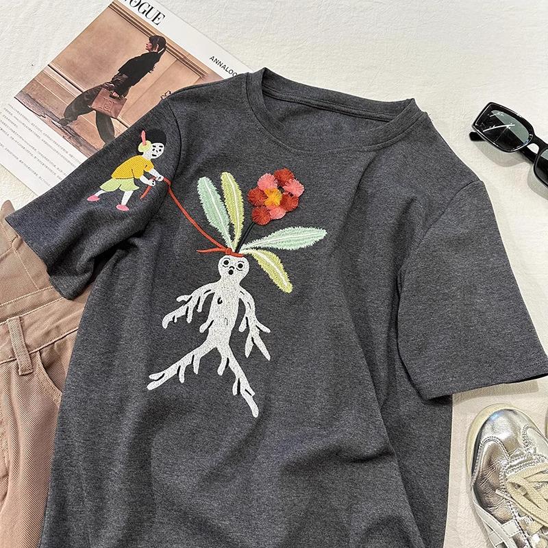 Nové jarní/letní dámské tričko s výšivkou, kulatým výstřihem a volným střihem