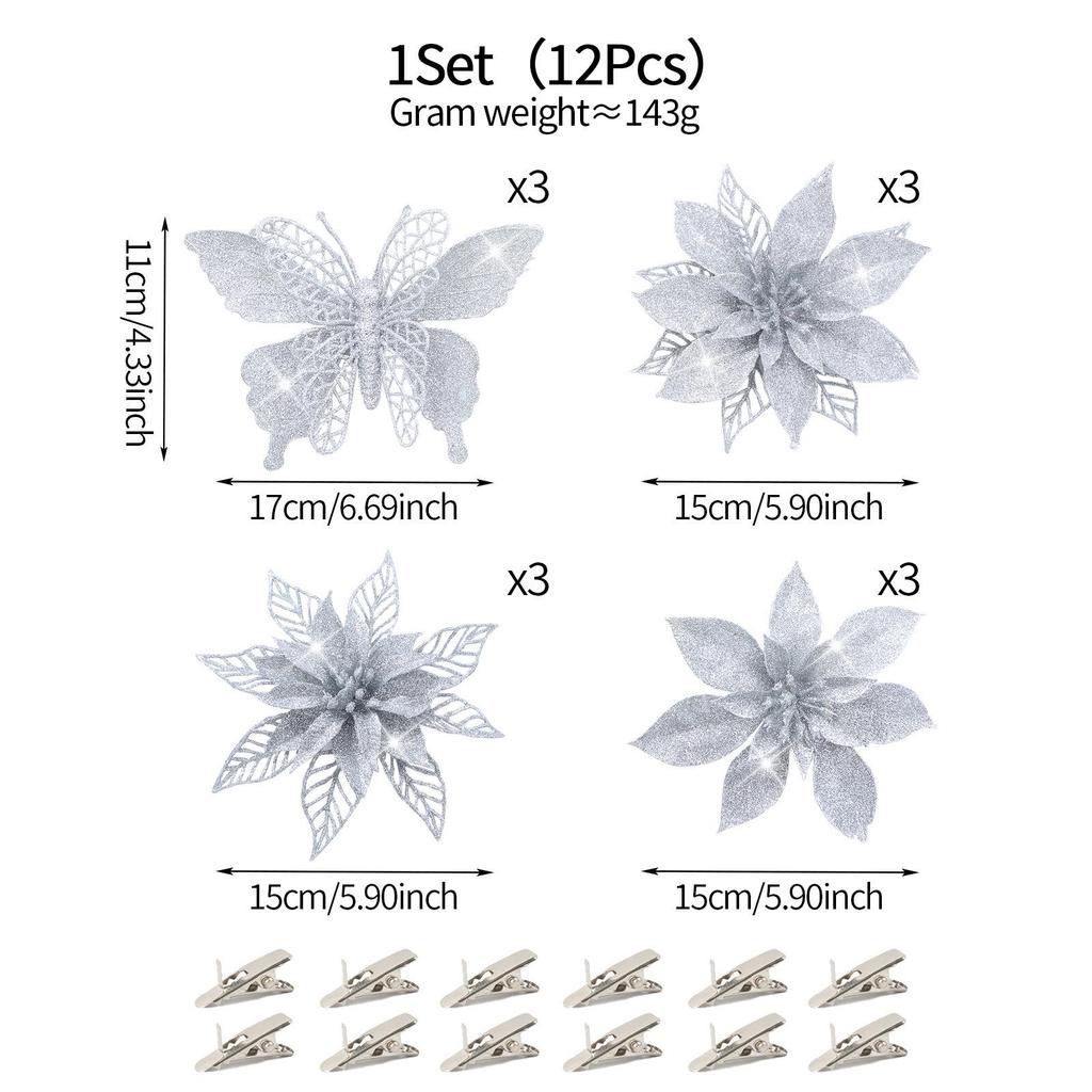 Champagne Gold Butterfly Poinsettia Glitter Flowers, 12-Piece Christmas Tree & Wreath Decoration Set