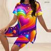 Women Plus Size Two Piece Outfit Crew Neck Short Sleeve Side Slit Top And Biker Shorts Rainbow Heart Print Set