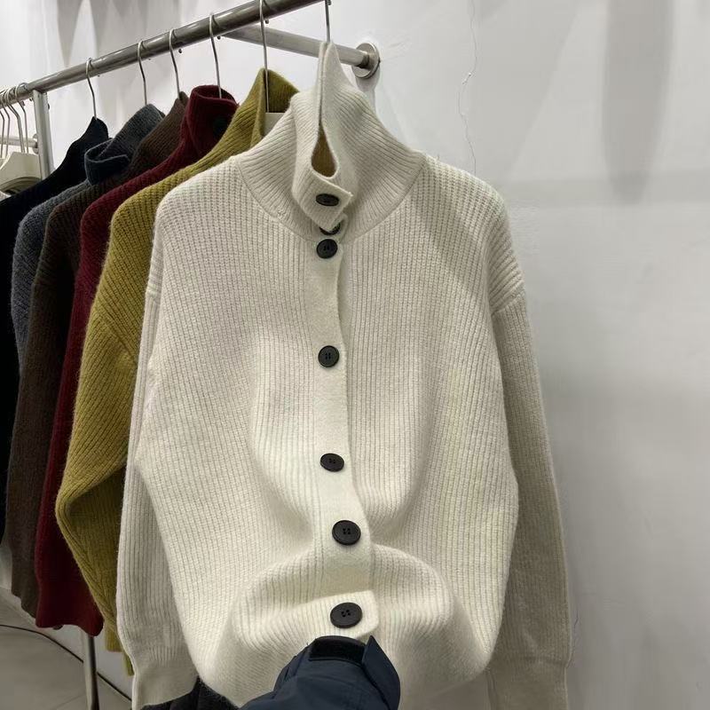 

Французский винтажный дизайн Водолазки Осенняя повседневная свободная одежда на одной пуговице Однотонный трикотажный свитер с длинным рукавом Зима XL абрикосовый