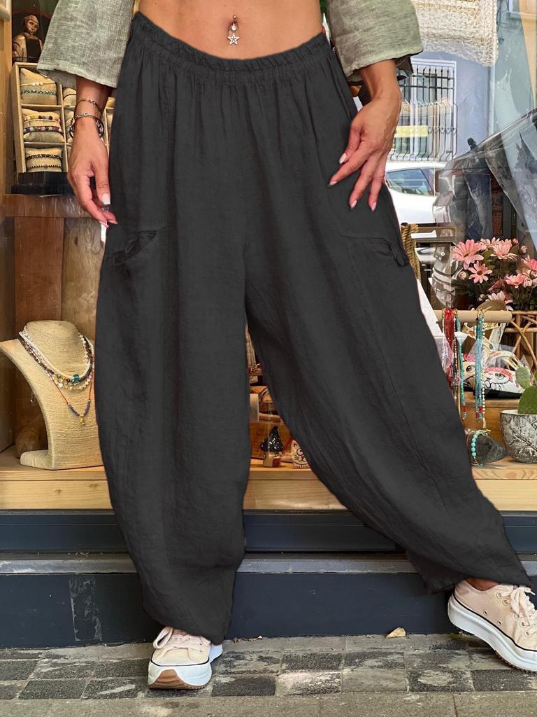 2025 European Autumn/Winter Women's Cotton Linen Wide-Leg Pants with Pockets - Loose & Slimming Design