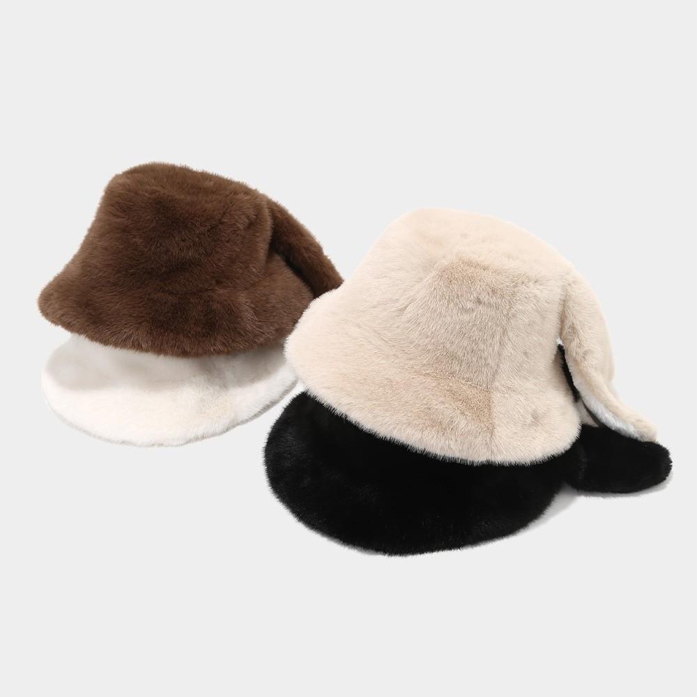 Solid Color Fisherman Hat Winter Warm Pullover Hat Cute Rabbit Ear Bucket Hat For Women