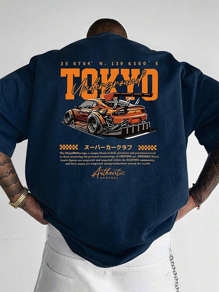 Mens Summer 100 Cotton Fashionable Casual Loose Large Size Japanese Tokyo Pattern Printed Round Neck Short Sleeve Tshirt Top