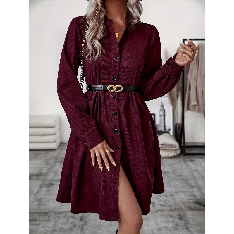 JPNTKY Women's Fashion Spring Autumn Solid Color Print POLO Neck Long Sleeve Casual Dresses