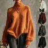 Women's Casual Oversized Knit Pullover Sweater with Asymmetric Neckline and Puff Sleeves