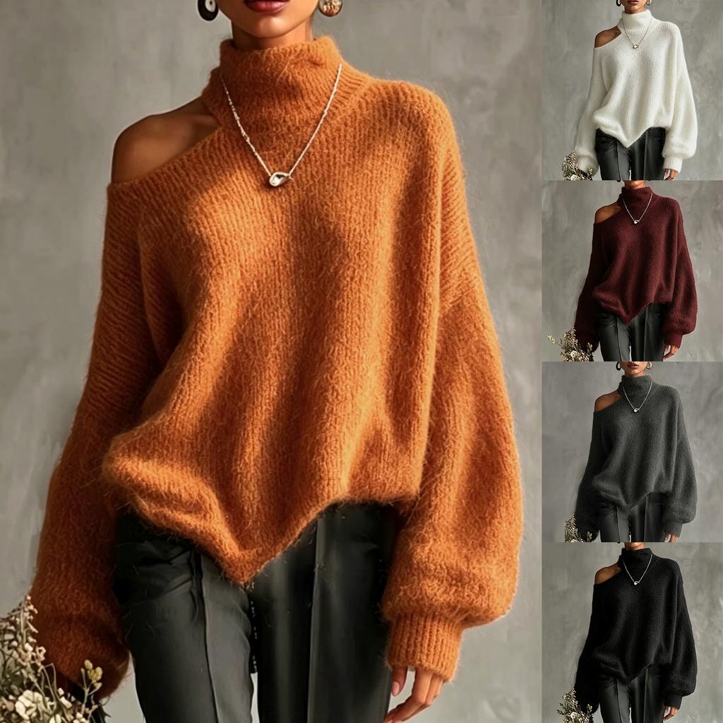 Women's Casual Oversized Knit Pullover Sweater with Asymmetric Neckline and Puff Sleeves
