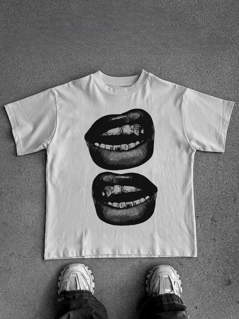 Street Hip Hop Big Mouth Tee Men's Women Punk T-shirt Casual Loose Cotton Oversized Y2k Short Sleeve Male Female Clothing