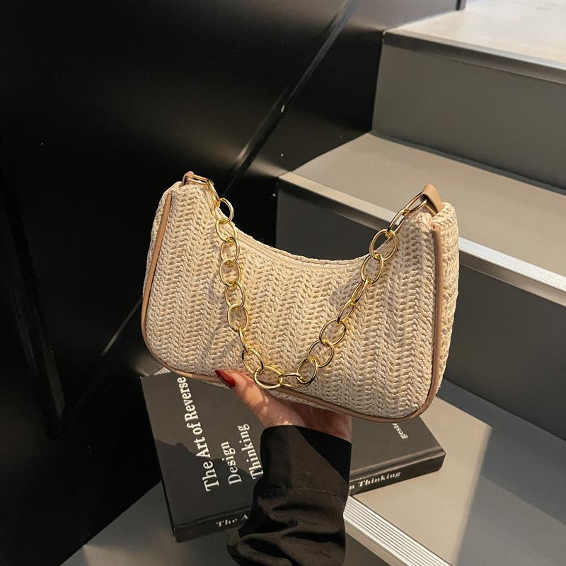 Summer New Versatile Fashion Grass Woven Retro Baguette Armpit Bag Simple Literary One Shoulder Portable Messenger Bag Women