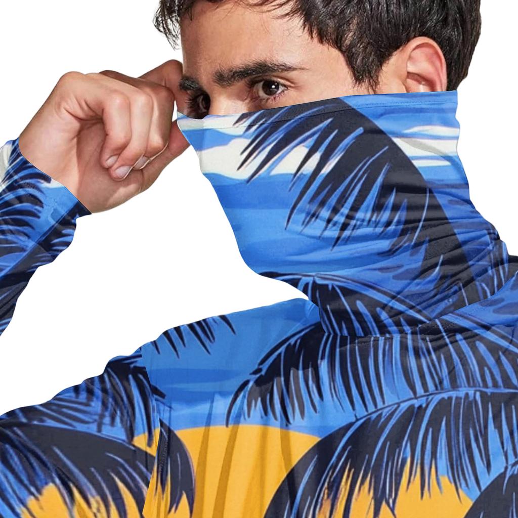 Men's Casual Hawaiian Print Hooded Long Sleeve Sun Protection Shirt Lightweight Breathable UV Protective Top for Outdoor Activities